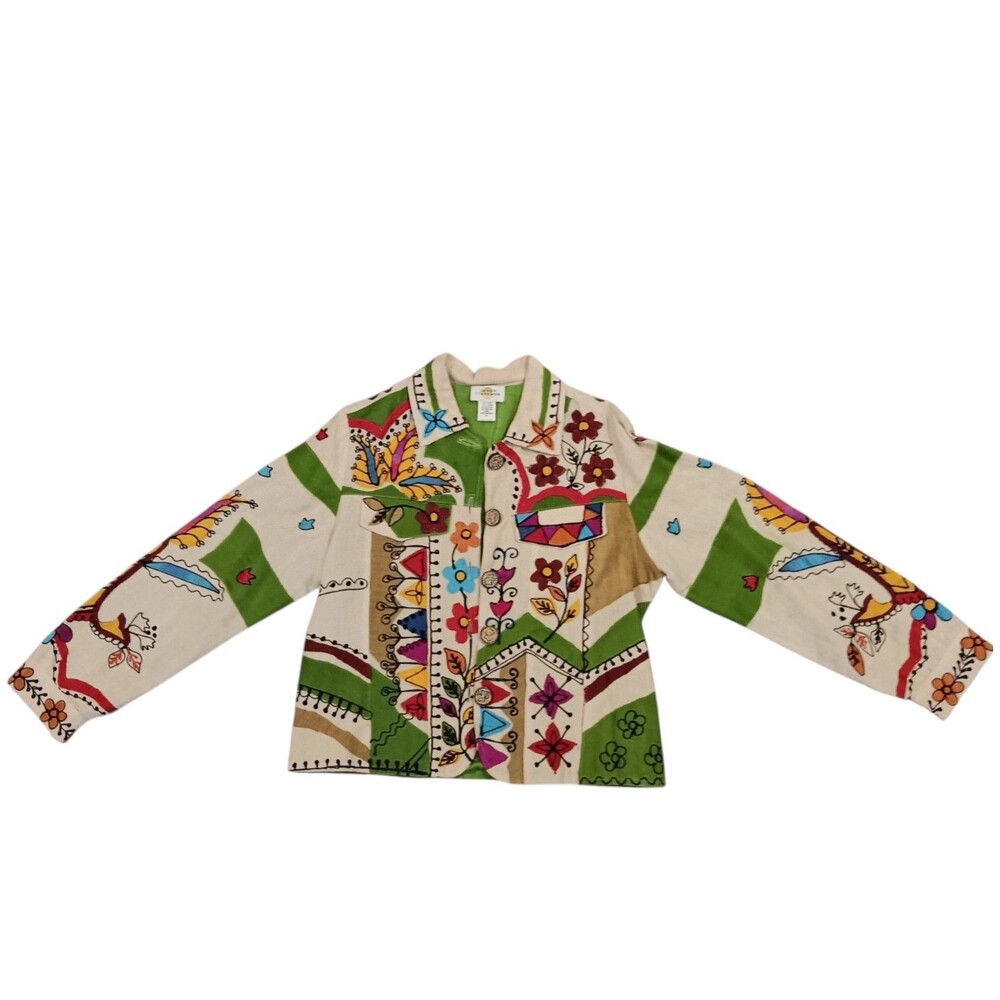 Sandy Starkman Embroidered Boho Jacket Linen Cotton Multicolor Floral Abstract M